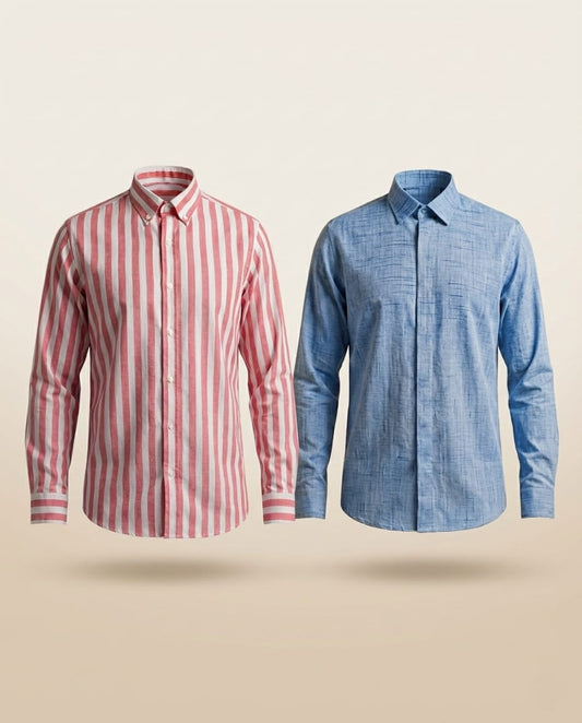 MG Swadeshi Combo Pack - Red Striped and Blue Textured Khadi Shirts for men
