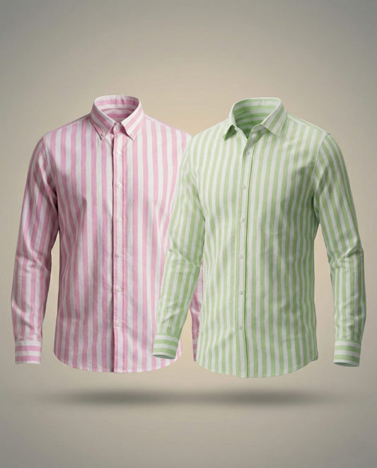 MG Swadeshi Combo Pack - Pink Striped and Lime Green Striped Khadi Shirts for men