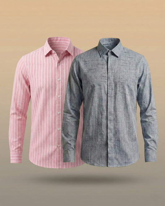 MG Swadeshi Combo Pack - Pink Striped and Grey Textured Khadi Shirts for men