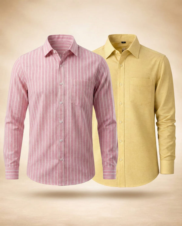 Premium Khadi Shirt Combo – Pink Stripe & Solid Yellow (Pack of 2)